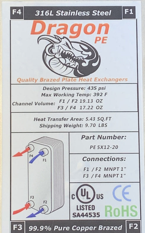 20 Brazed Plate 5"x12" Heat Exchanger 40,000 BTU