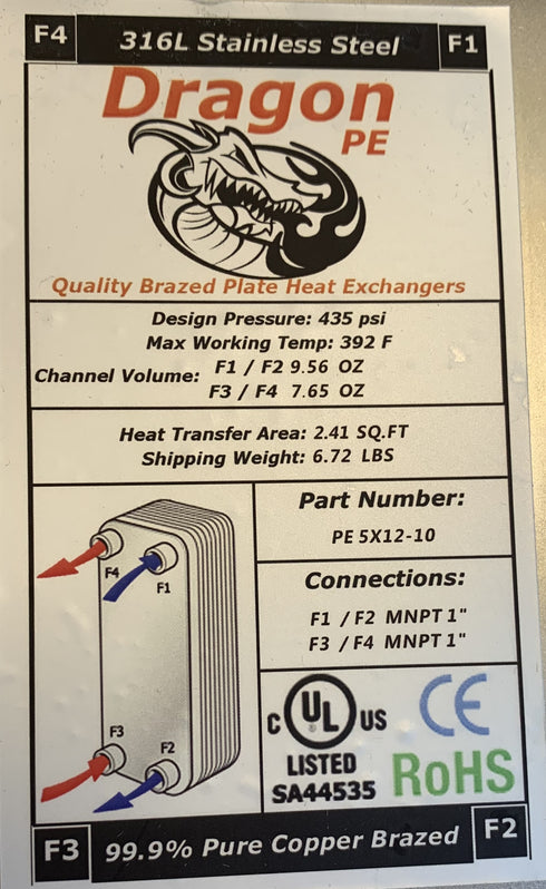 10 Brazed Plate 5x12 Heat Exchanger 20,000 BTU