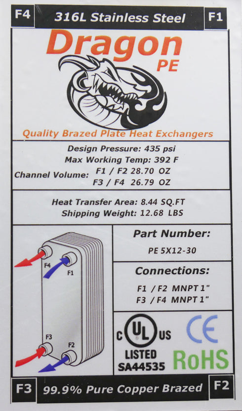 30 Brazed Plate 5"x12" Heat Exchanger 60,000 BTU