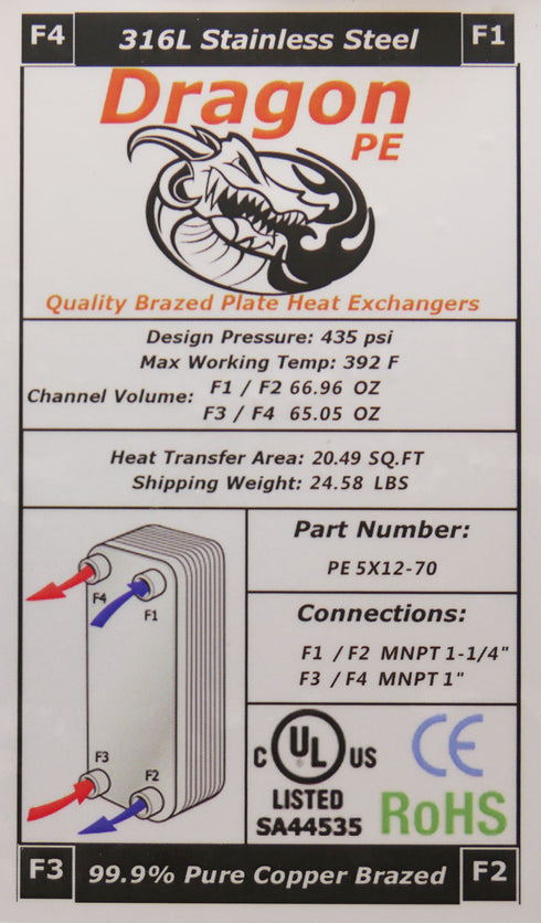 70 Brazed Plate 5"x12" Heat Exchanger 175,000 BTU