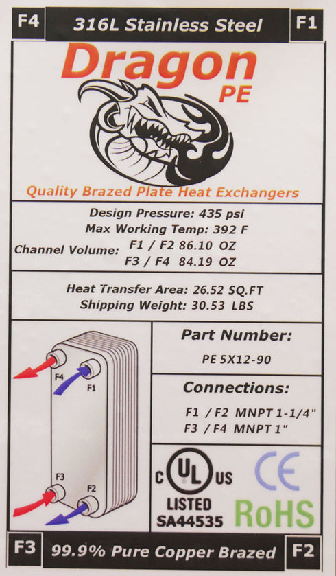 90 Brazed Plate 5"x12" Heat Exchanger 225,000 BTU