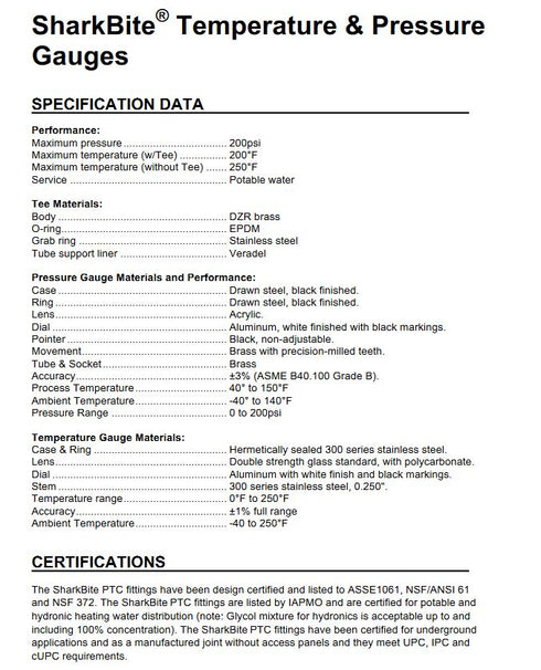 SharkBite 1" Pressure Gauge